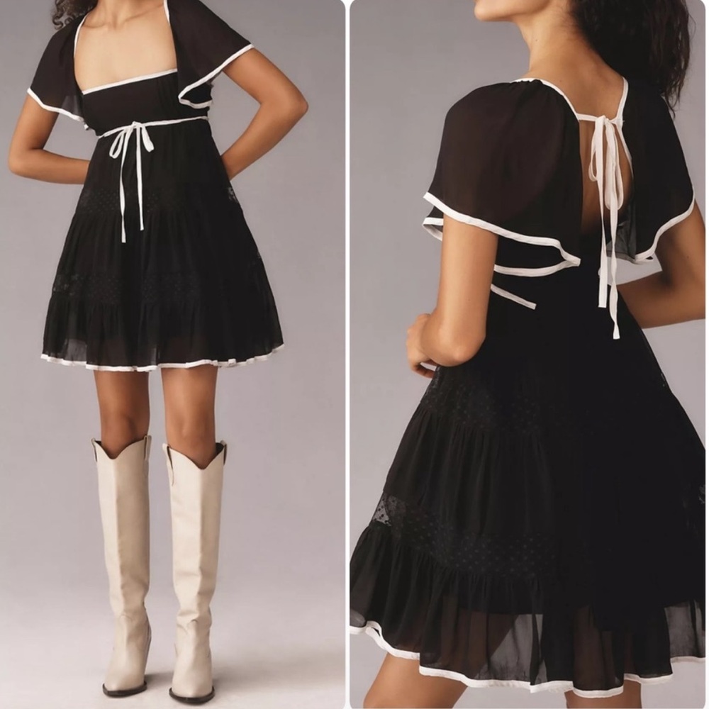 Anthropologie‎ Maeve XS Flutter Sleeve Bow Babydoll Dress Black White Whimsigoth